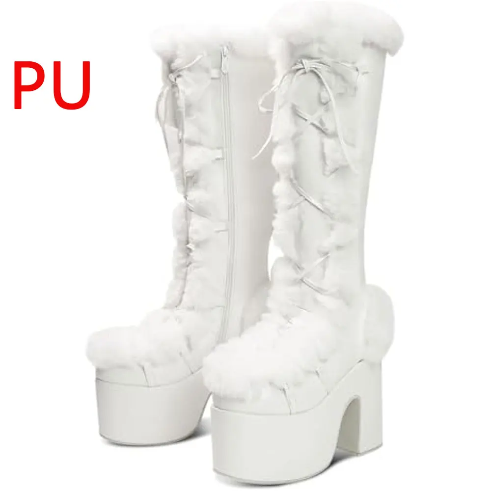 Big Size 46 Winter y2k Pink Knee High Boots Women White Chunky Platform Boots Gothic Black Faux Fur Block High Heels Boots Shoe