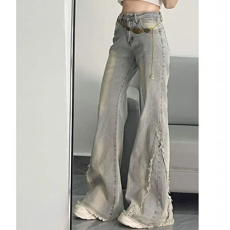 بنطلون جينز نسائي أمريكي ريترو عالي الخصر متوهج بتصميم مرقع مهدب، سروال مستقيم نحيف وتنحيف على شكل حدوة حصان