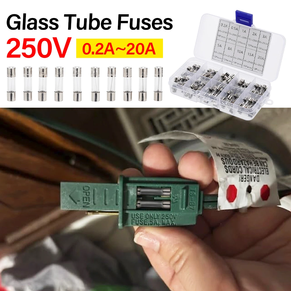 100pcs 5x20mm Glass Fuse Kit 0.2A-20A Fast Acting for Circuit Board Car Audio Home Appliance Repair protection component