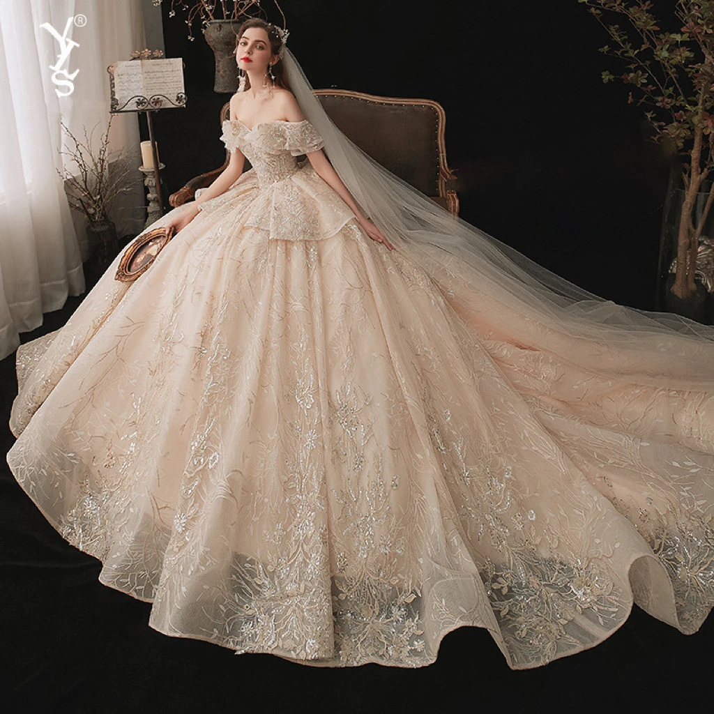 

Champagne Wedding Dresses Ruffle Lace Boat Neck Applique Beading Off Shoulder Court Train Long Vestido De Bride Gown 2024 New