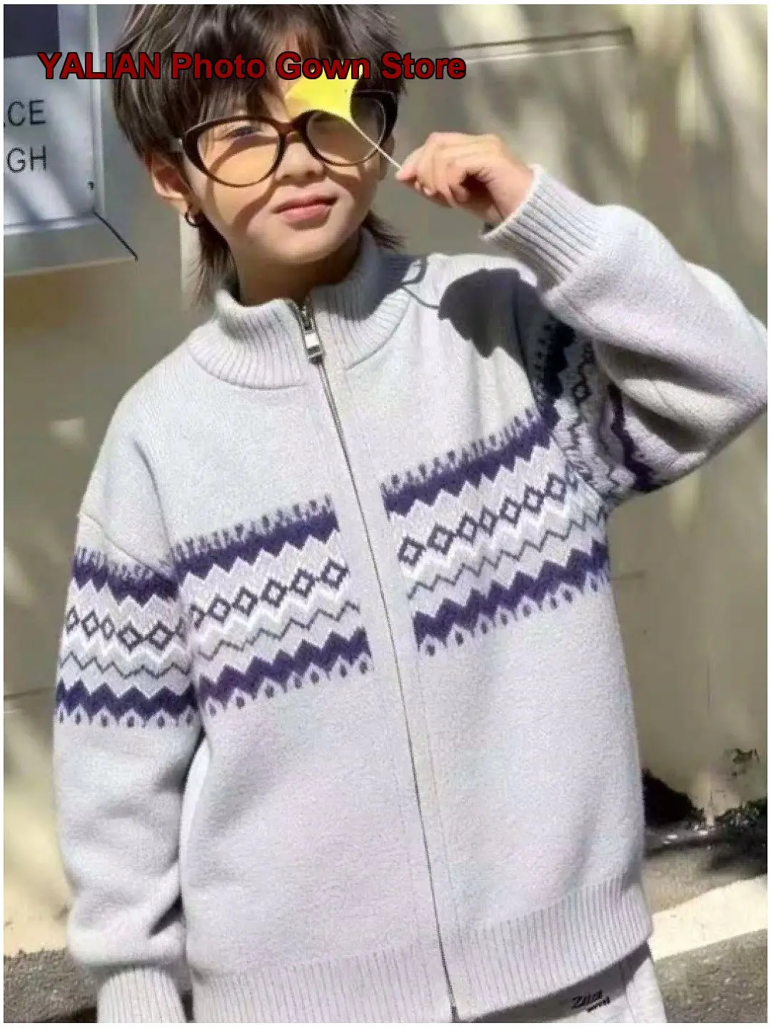Boys Girls Fair Isle Knit Jacket Autumn Winter Thickened Red Zip-Up Top Kids Older Kids