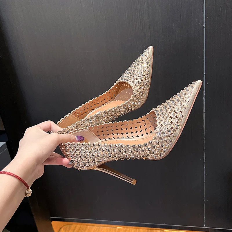 

Spring Autumn New Style Rhinestone Pumps Women's Thin Heels 10Cm Sexy Fashion Crystal Bling Bling Color Wedding Shoes Pointed