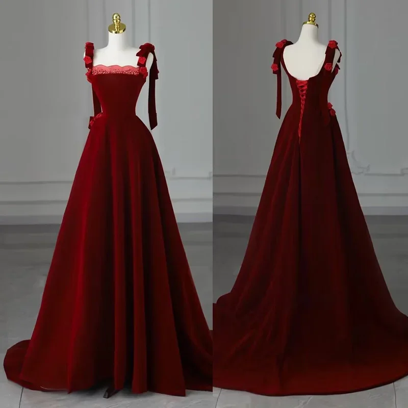 

Evening Dress Beads Burgundy Velvet Rose Straps Sleeveless A-line Trailing Luxury Plus size Customized Women Party Formal Gowns