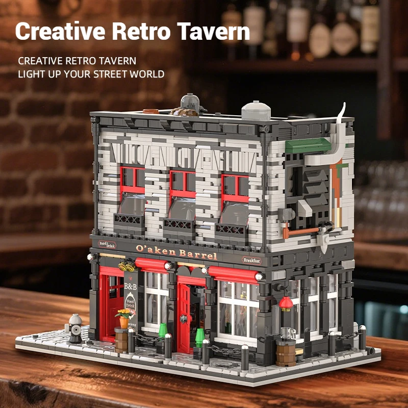 

66054 City Street Series Building Block Toy Set, DIY Large Building Retro Bar Model Assembly, Children's Educational Toy Gift