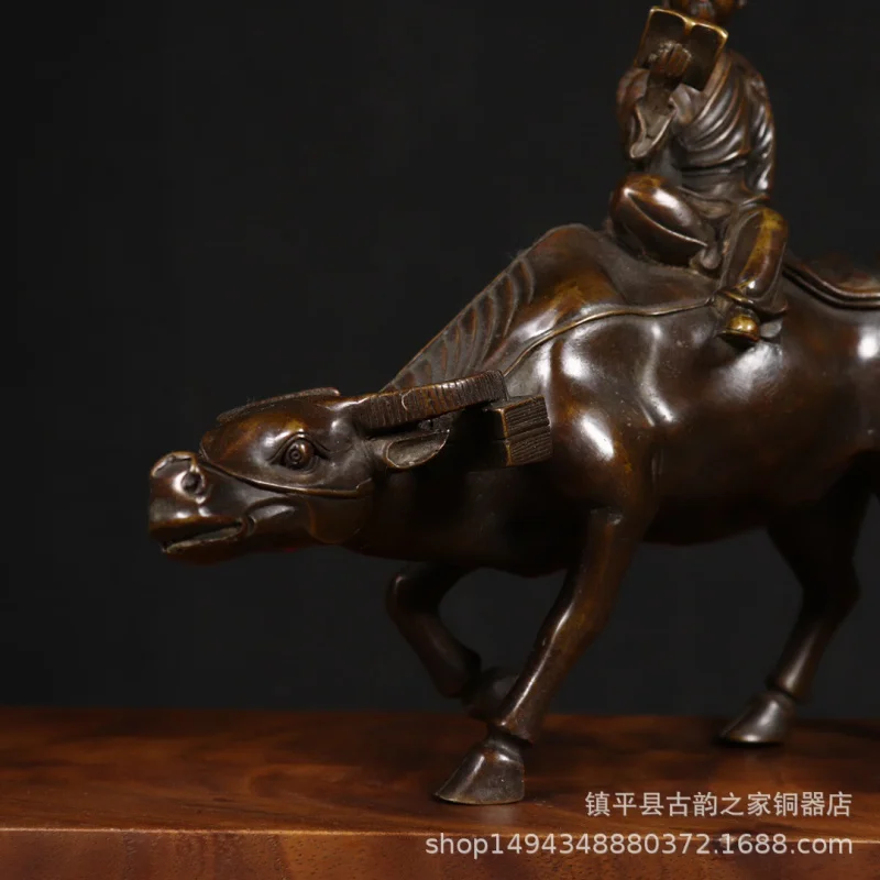 Antique-Style Leaving the Gate Bronze Ornament Craft a Cow Old Master Riding a Green Ox Brass