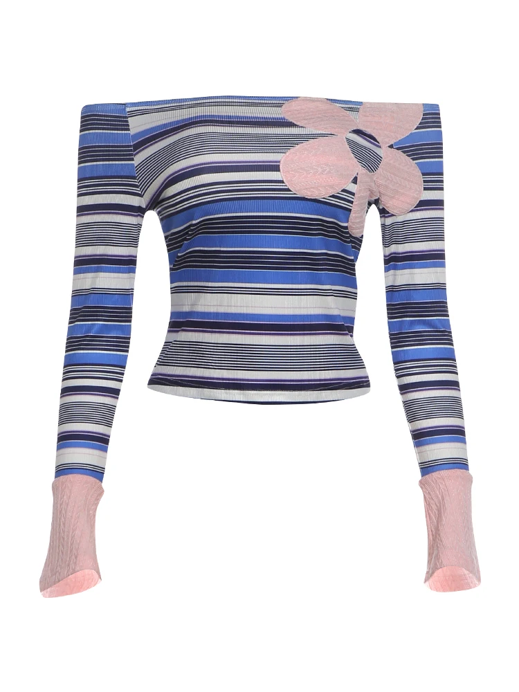 Weird Puss T-Shirts mit Streifenmuster für Damen, Slash-Neck, Blumenstickerei, lange Ärmel, freiliegender Bauch, Street-Casual, modisch, elegant – Detail 2