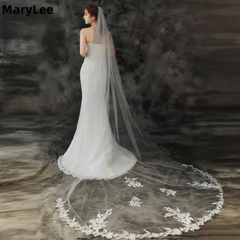 

Simple One Layer Tulle Wedding Veil with Floral Lace Applique Chapel Long Ivory Bridal Veil Bride Wedding Accessories Customized