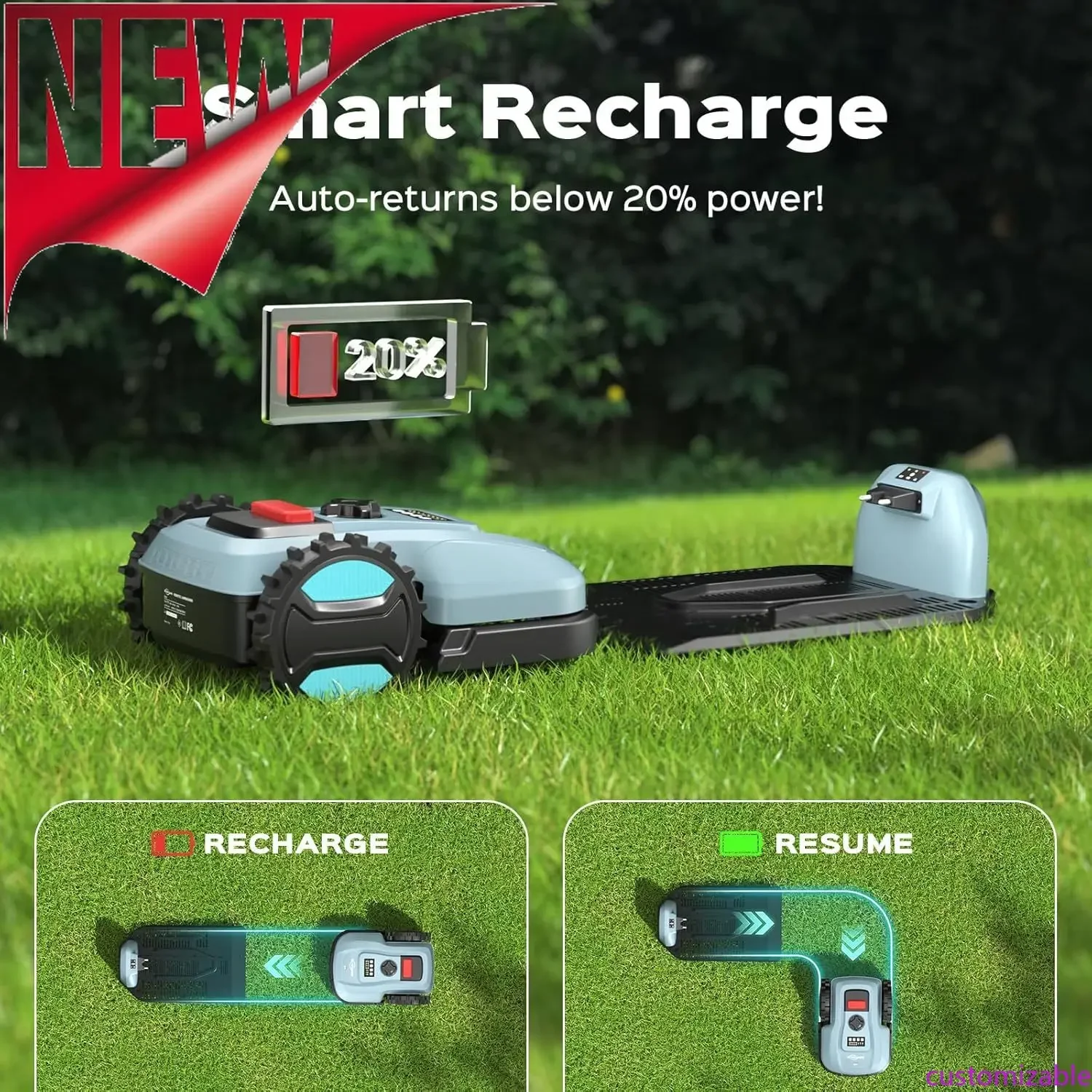 

Настраиваемая роботизированная газонокосилка с управлением через приложение, регулируемой высотой стрижки, автоматической зарядкой и функцией обнаружения препятствий