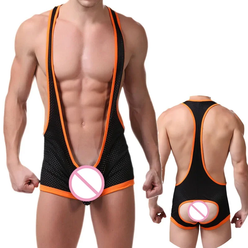 Mens Undershirts Mesh Open Butt Wrestling Singlet Leotard Male One-Piece Pajama Sexy Jockstrap Underwear Faux Leather Jumpsuit