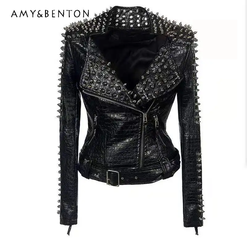 

Winter 2025 New Multi Rivet Short PU Leather Coat Long Sleeve Ladies's Jacket Fashion Punk Rock Black Leather Women's Clothing
