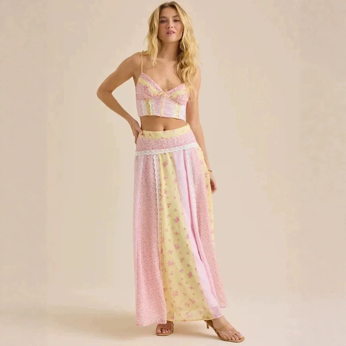 2026 Womens Floral Patchwork Two Piece Set Spaghetti Strap Crop Top High Waist Maxi Skirt Casual Vacation Chic Ladies Outfit