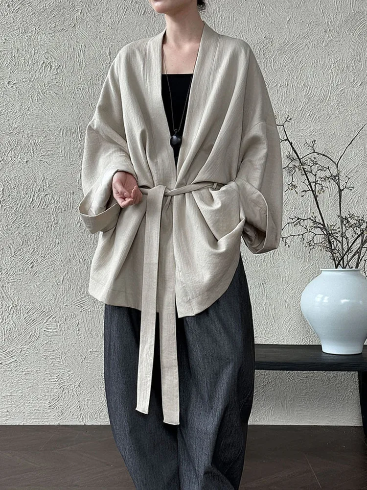 

EAEOVNI Casual Oversize Women's Coat Solid Color V Neck Bandage Gathered Waist Jacket Fashion 2025 Autumn New Clothing