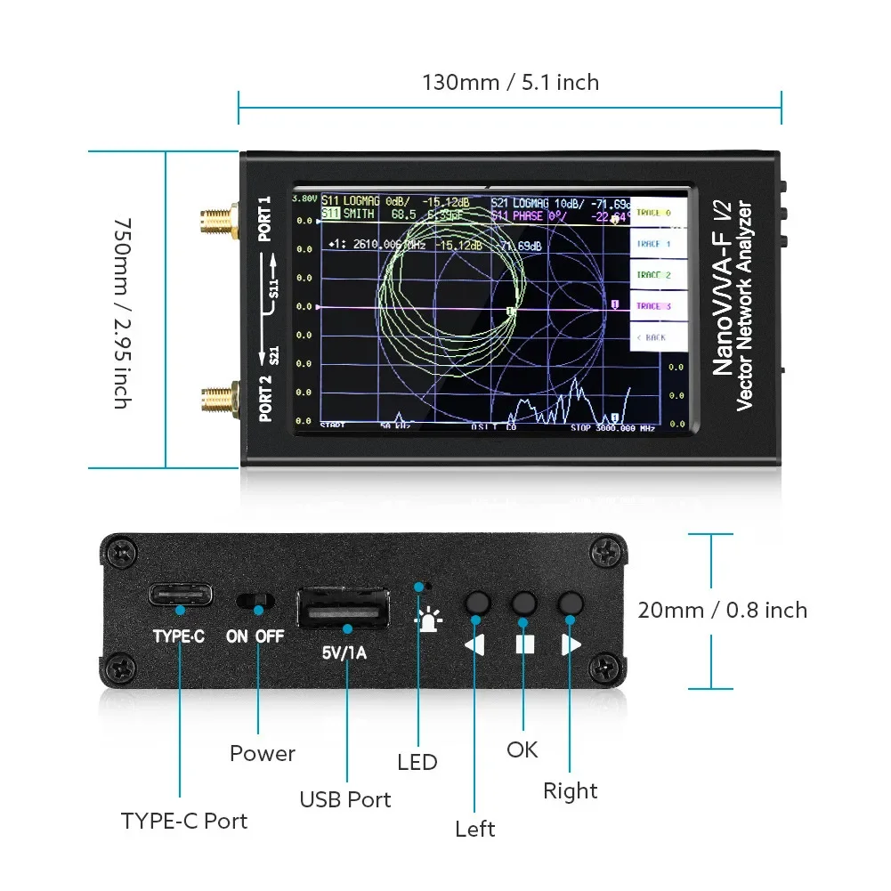 NanoVNA-F V2 Vector Network Analyzer 4.3INCH 50kHz-3GHz HF VHF UHF VNA Antenna Analyzer with 5000mAh Battery & Aluminum Metal