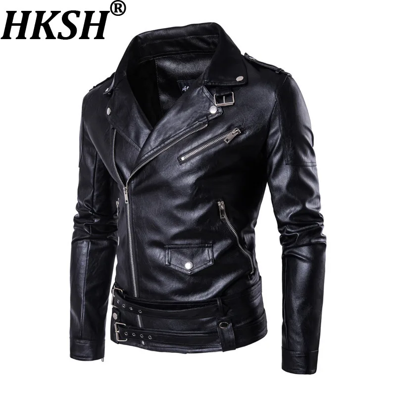 

Мужская демисезонная куртка HKSH: новая коллекция, модный панк-стиль, комбинированная из искусственной кожи, с плиссировкой, на молнии, приталенная, в стиле мото-байкер, HK18835