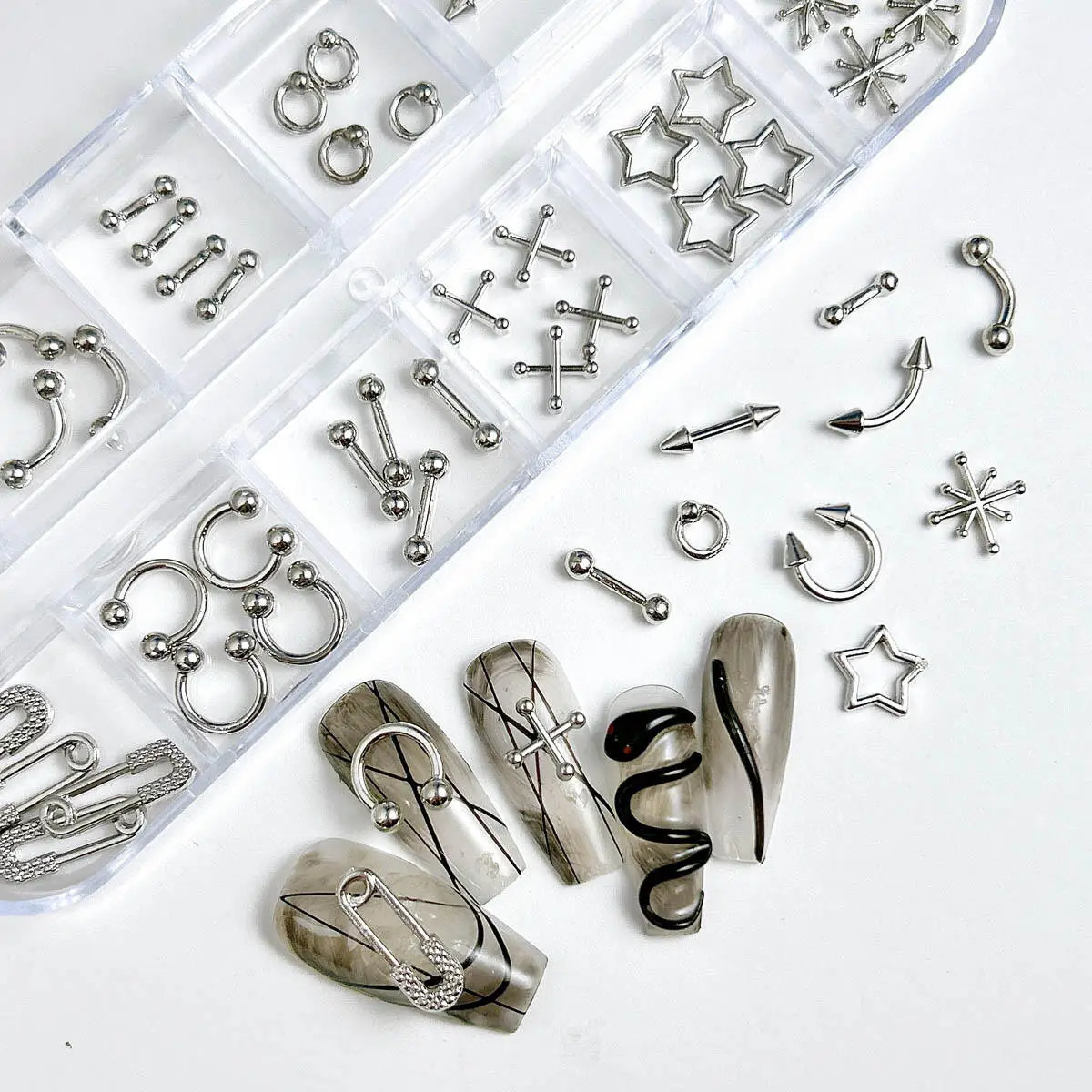 1 caixa vintage punk 3d liga rebite encantos da arte do prego estilo simples estrela anel redondo decoração da arte do prego manicure acessórios diy