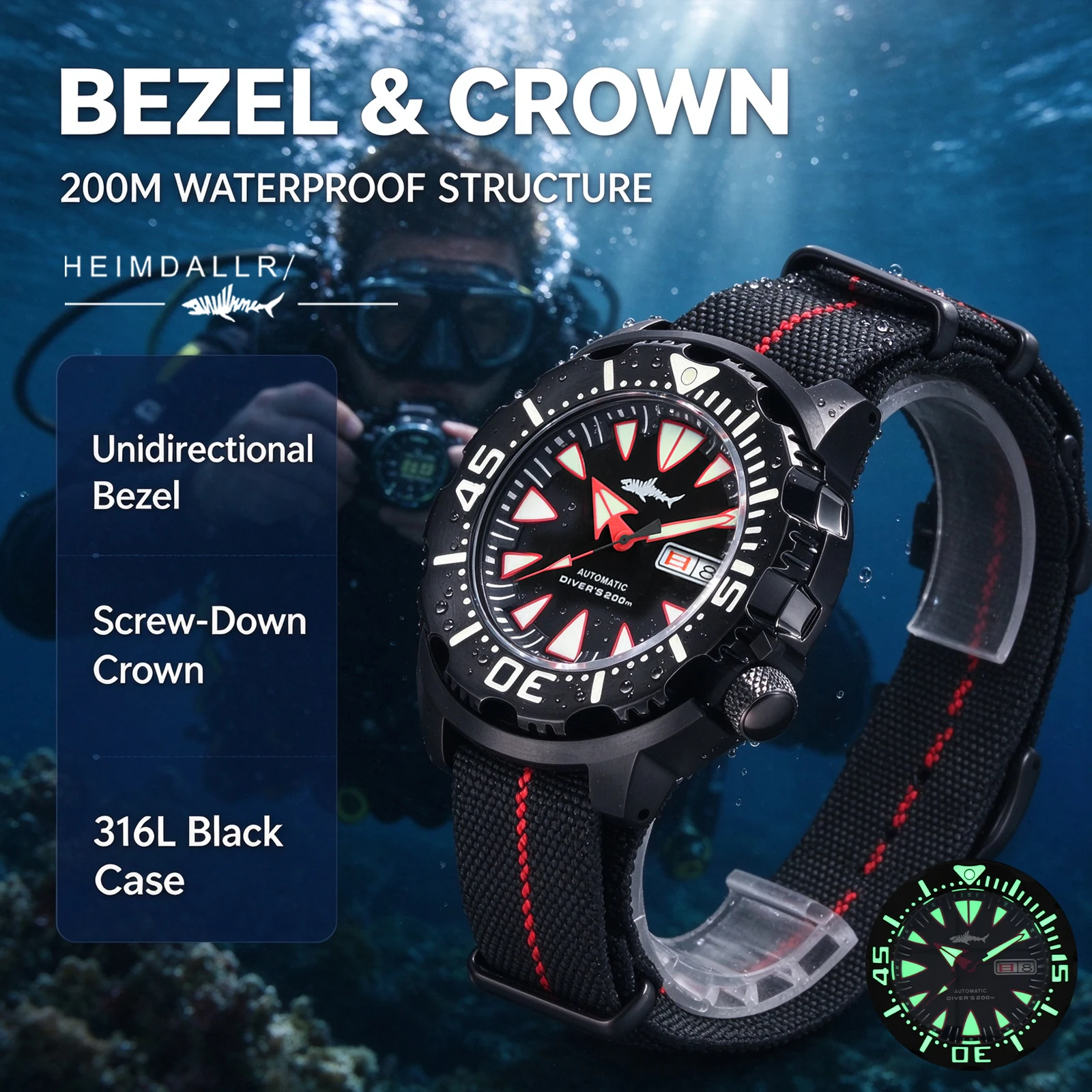 HEIMDALLR Men's Diver Watch NH36 Automatic 42mm 200M Waterproof Sapphire Crystal Steel Bezel C3 Full Lume Dial 316L Nylon Strap