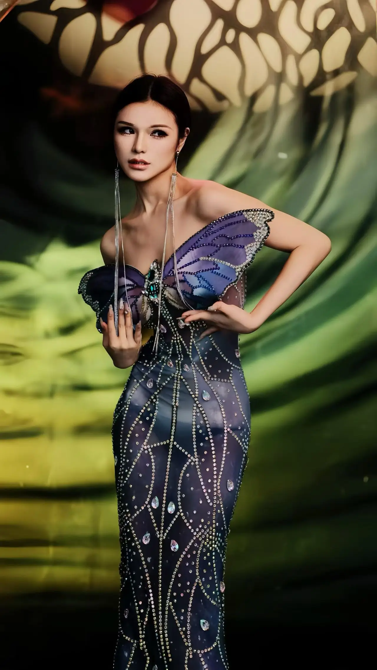 Diewu Design Butterfly Strapless Evening Dress Blue See Through Mesh Crystal Diamond Dress Banquet Birthday Cocktail Prom Dress