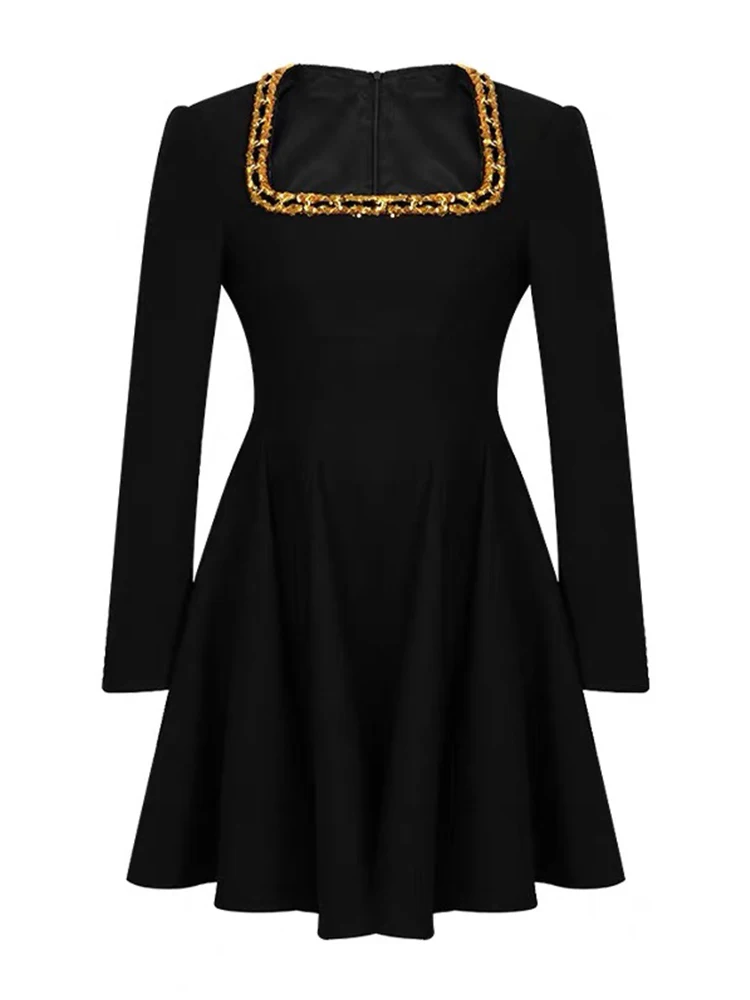 Women Clothes Black Gold Sequin Square Neck Slim Mini Short A-Line Dress Elegant Luxury Fashion Evening Party Prom Vestidos New