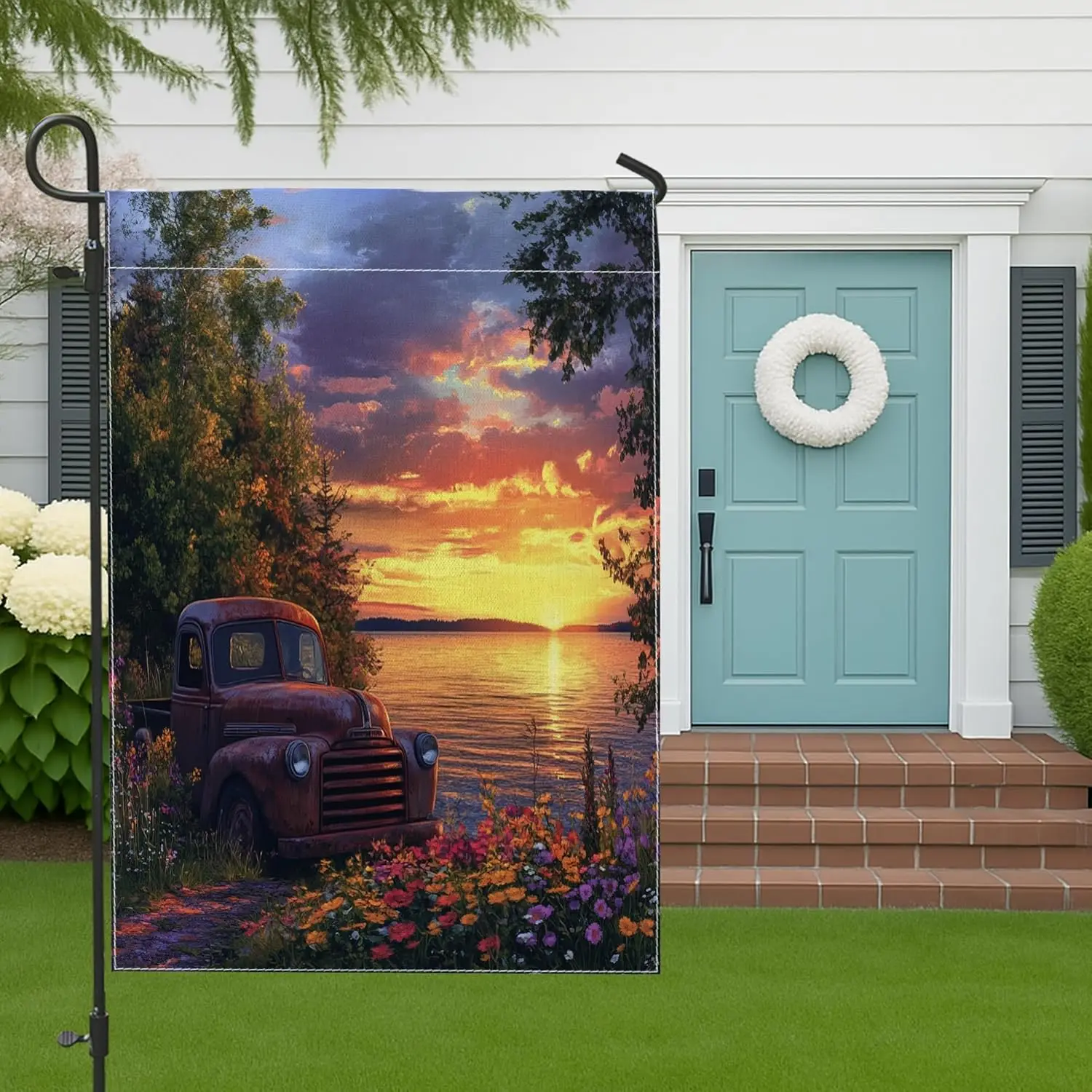 Spring Old Truck Garden Flags 12x18 Inch Double Sided for Outside, Vintage Floral Flowers Field Pattern Standard Canvas Hous AAS