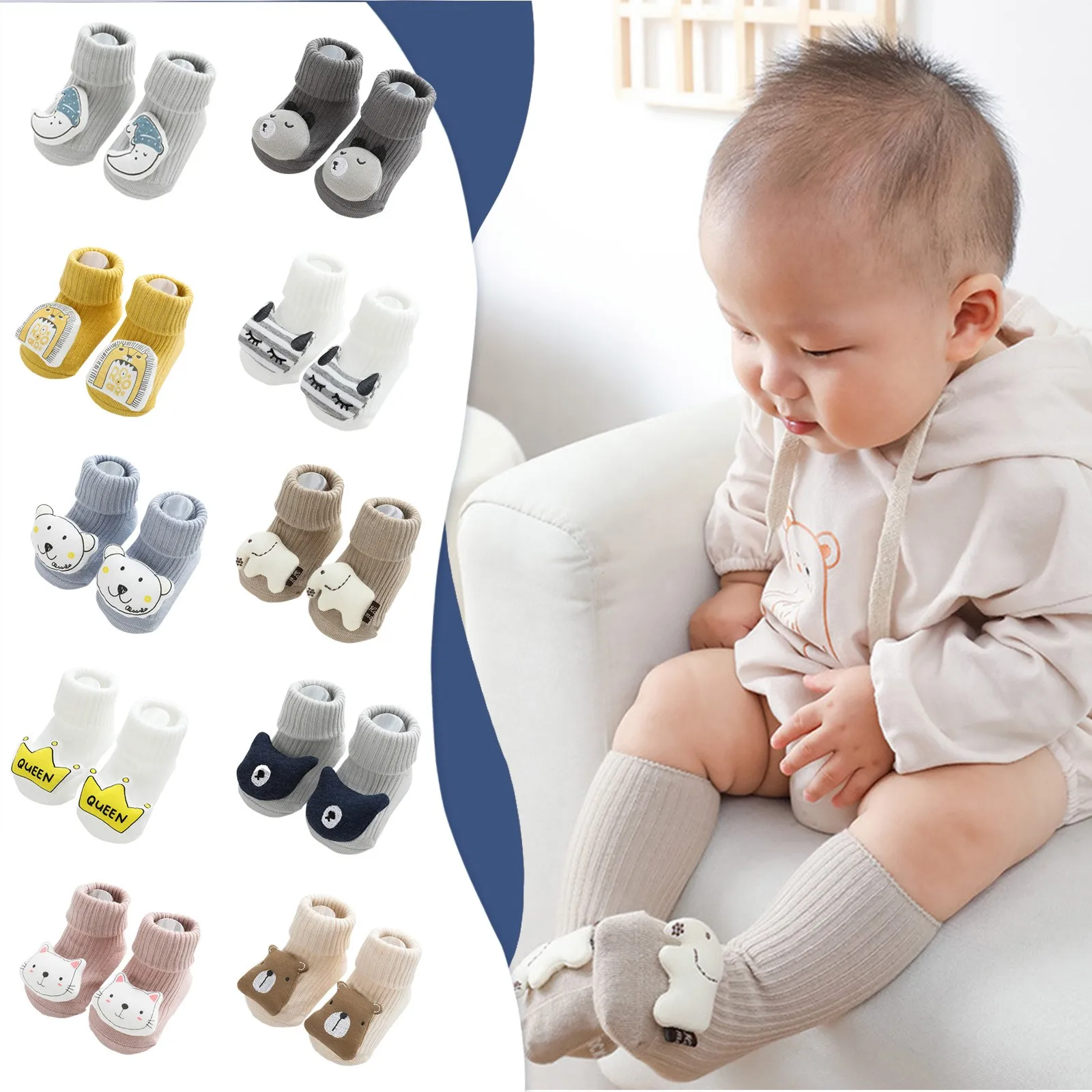 Sapatos de algodão antiderrapante infantil, meias de chão, sola de borracha, desenhos animados, urso, decoração, bonito, recém-nascido, infantil, bebê, menina, menino, infantil