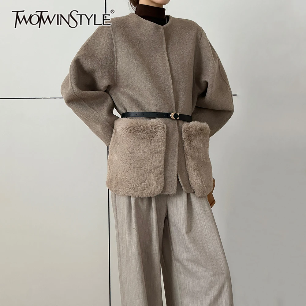 TWOTWINSTYLE Fluffy Spliced Belted Slimming Jacket for Women Round Collar Long Sleeve Patchwork Button Casual Jackets Female New