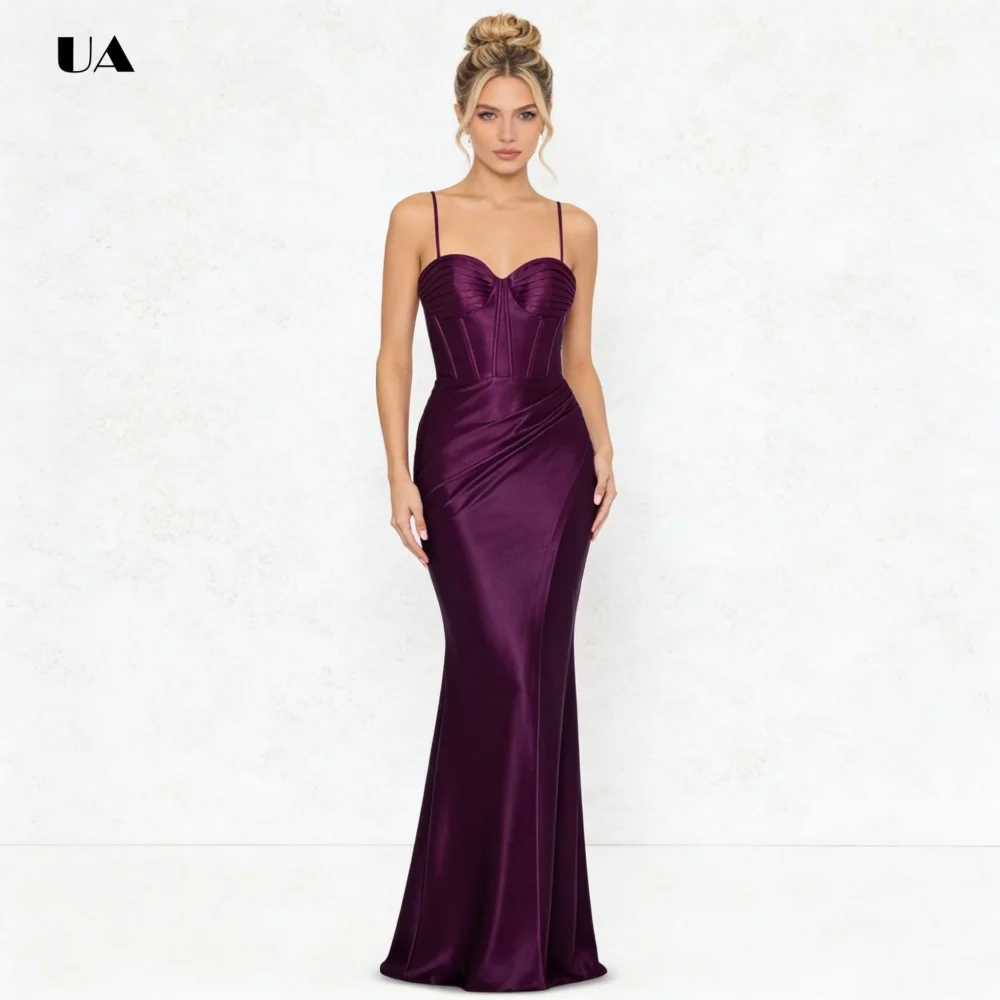 Vestido de fiesta de sirena simple con correa de espagueti, vestido de noche de satén plisado liso, vestido de fiesta personalizado con cuello de corazón