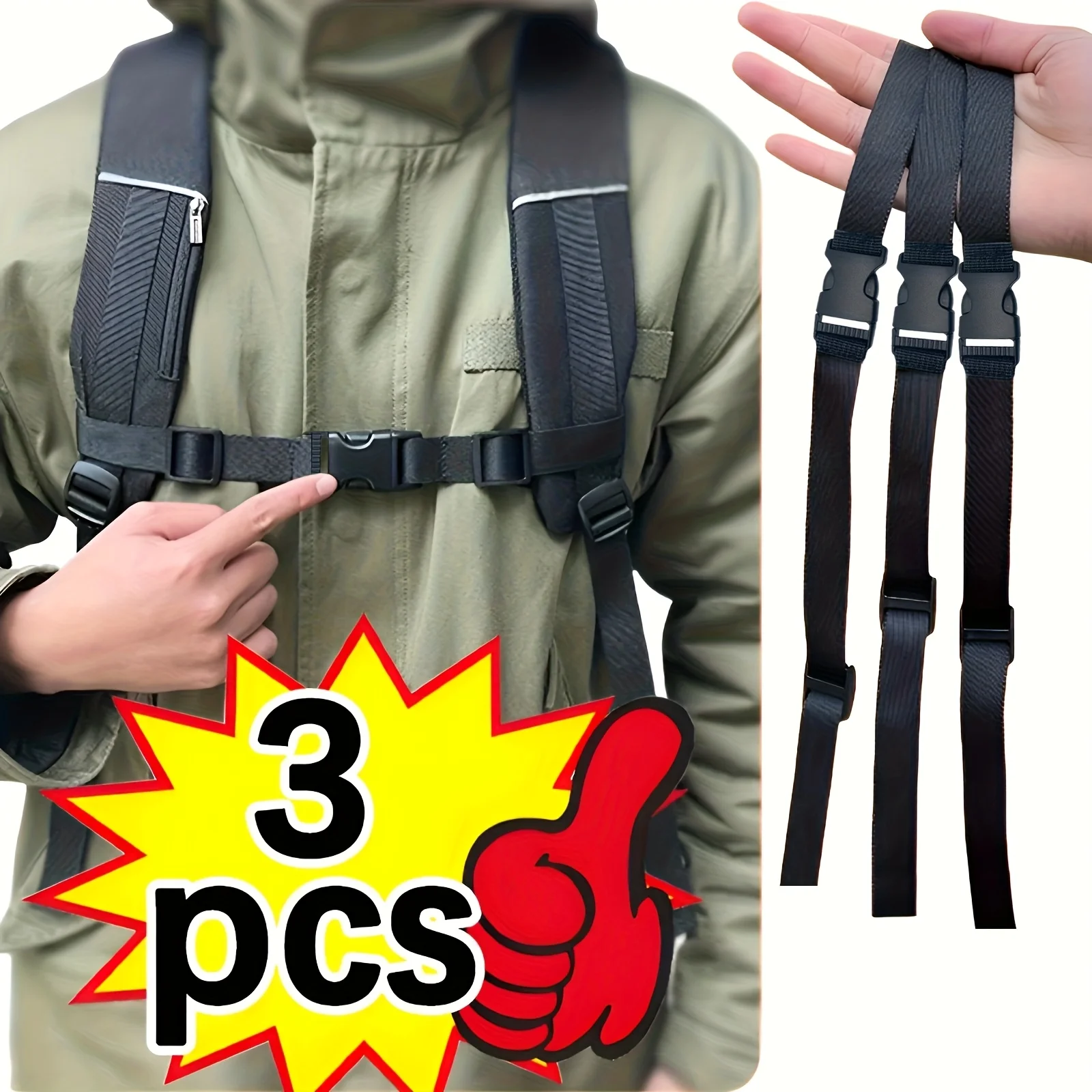 3Pcs Adjustable Backpack Chest Straps with Anti‑Slip Buckle, Lightweight Secure Harness for Hiking, Camping, Outdoor Travel