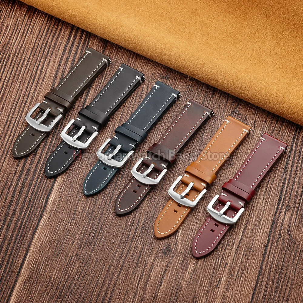 20mm 22mm Vintage Oil-Wax Leather Watch Strap for Seiko for Omega Quick Release Wrist Band for Huawei GT2/3/4 Universal Bracelet