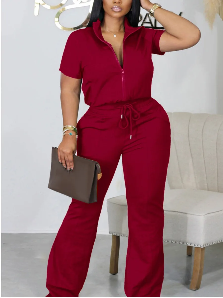 LW Plus Size Two pieces set Zipper Design short sleeve top & Flared Pants Set Autumn Casual women\'s matching tracksuit set