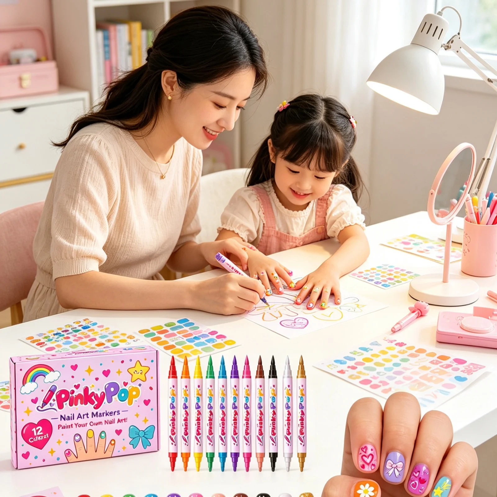 Kids Nail Art Marker Set Dual End Design Smooth Application Clear Color Payoff Easy To Use Safe Non Toxic Nail Doodle Markers