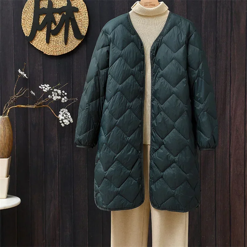 Winter Women Rhombic Lattice Oversize Long Down Jacket V Neck Light Thin White Duck Down Coat Lady Warm Puffer Parkas Outwears