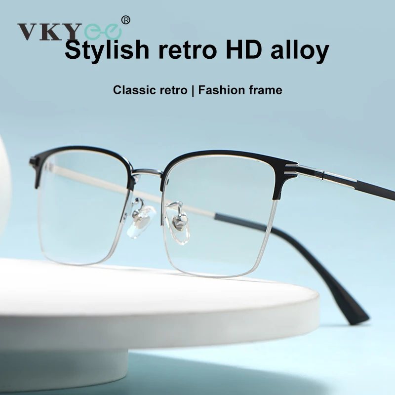 VKYEE Ultralight Alloy Men\'s Half Rim Business Eyeglasses Customizable Prescription Anti-Blue Light Glasses Photochromic 9172K