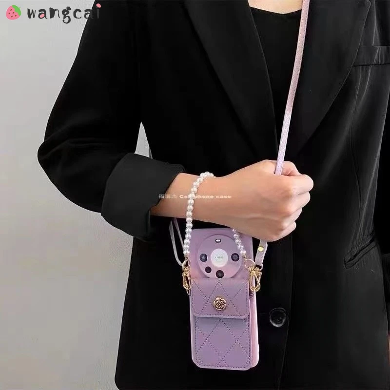 For Huawei P60 Art P60 P50 P40 P30 P20 Pro P50E P40 P30 P20 Lite Nova 5i Pro Pearl Chain Camellia Phone Case +Cross-body Lanyard