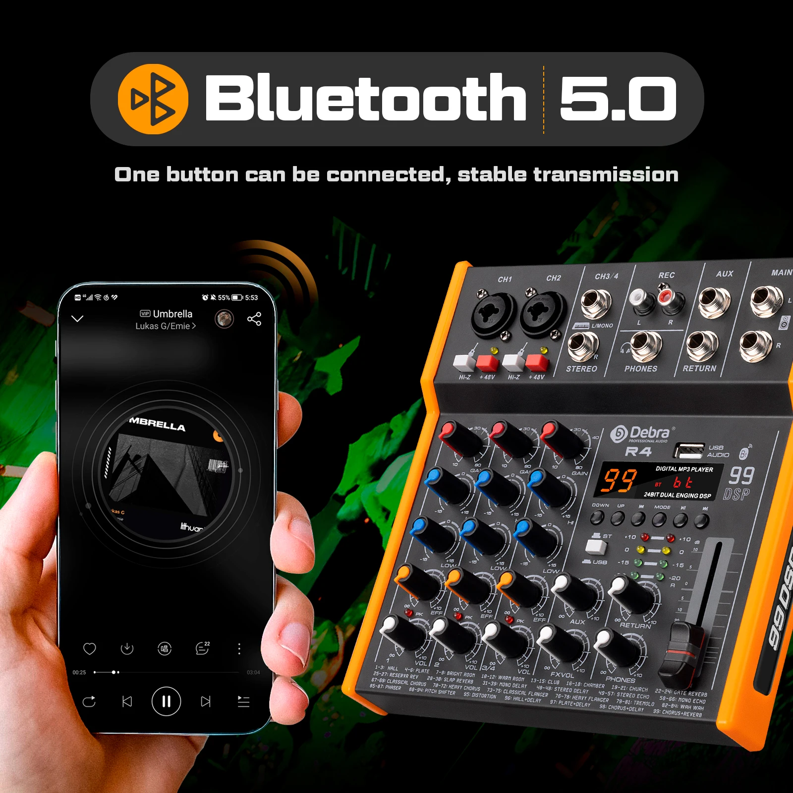 Debra جهاز مزج الصوت المعدني DJ وحدة التحكم OTG R4/R6 مع بلوتوث 48 فولت تأخير الطاقة تكرار تأثير لوحدة التحكم خلط الصوت تسجيل الكمبيوتر