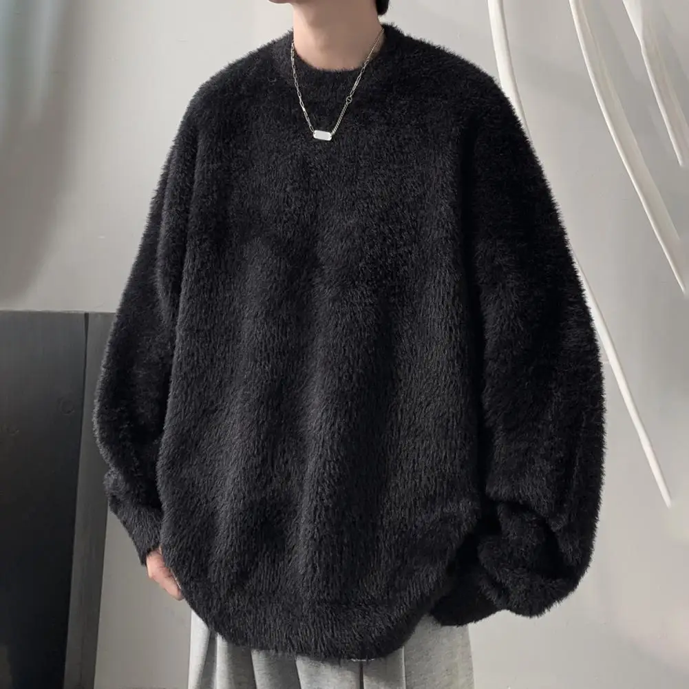 Velvet Long Sleeve Sweater Cozy Oversized Men's Sweater with Fluffy Texture Round Neck Long Sleeves Thickened Winter for Daily