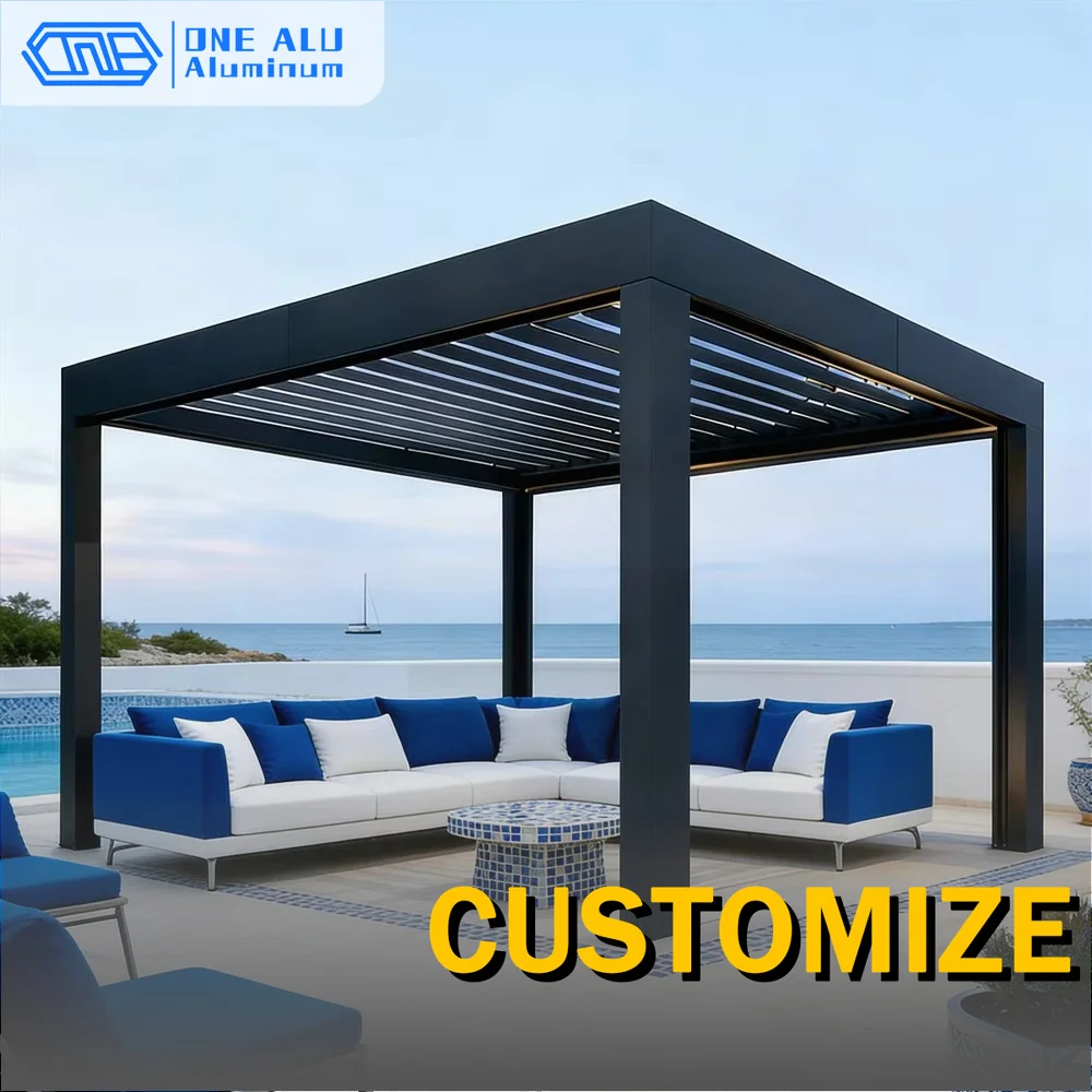 Motorized Bioclimatic Pergola Aluminium LED Lighting Waterproof Louvered Roof Garden Yard Patio Backyard Villa Privacy Carport