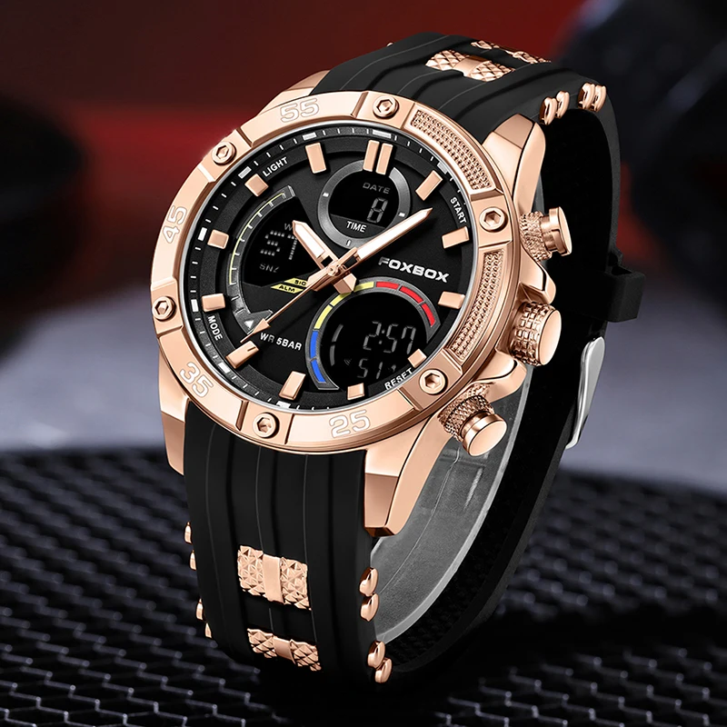 FOXBOX ساعة رجالي فاخرة LIGE ماركة موضة ساعات كوارتز رياضية للرجال مقاوم للماء LED ساعات المعصم الرقمية العسكرية Reloj Hombre