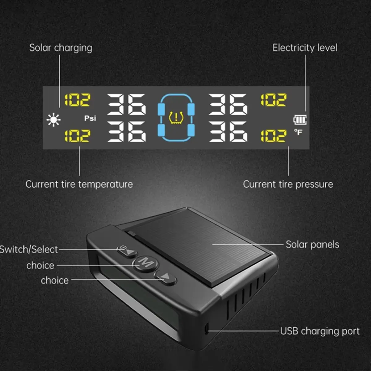 Super Sale Car External Tire Pressure Sensors Solar Power TPMS Tire Pressure Monitoring System Tire Alarm Digital Display