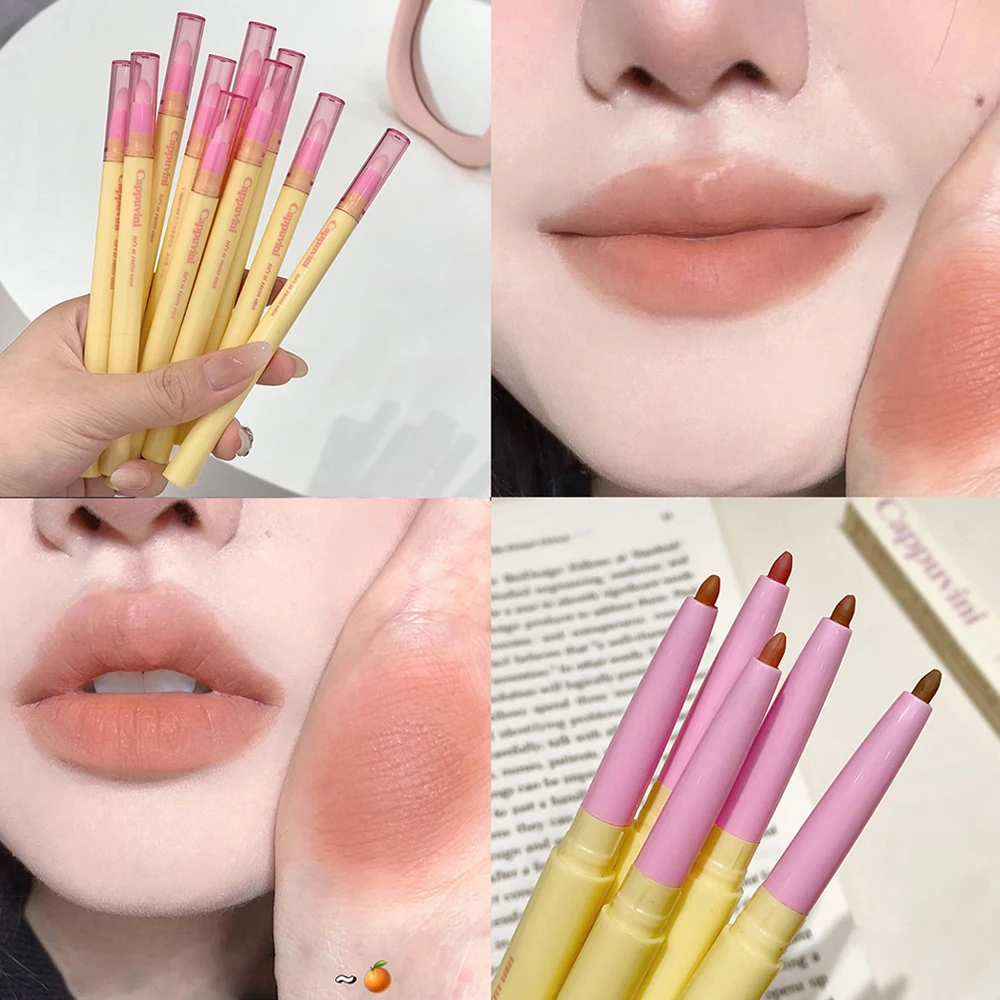 Soft Lip Liner Pen Dual-head Sexy Red Nude Purple Matte Tint Lipstick with Brush Silky Waterproof Contouring  3DLip Shape Makeup