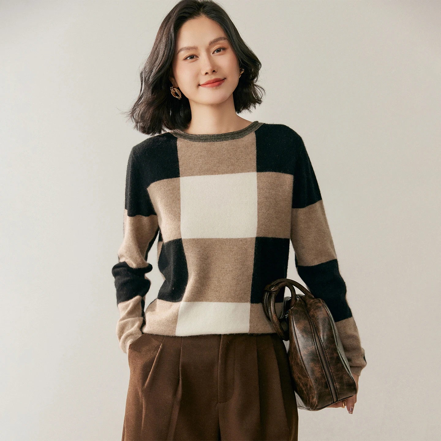 BELIARST Spring/Autumn New Product 100% Cashmere Knitted Sweater Women's Round Neck Pullover Fashion Color blocked Checkered Top