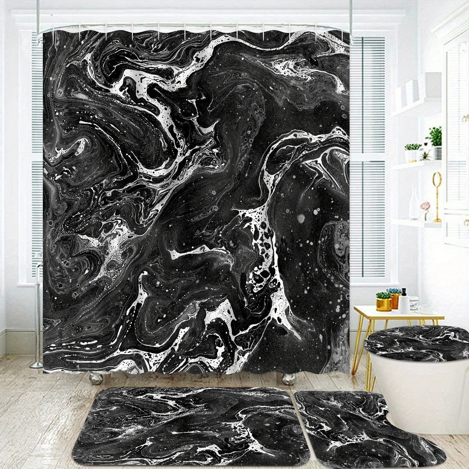 

4pcs Marble Bathroom Accessory Sets with Rugs, Black and White Abstract Art Bathroom Decor, Waterproof Shower Curtain with Coord