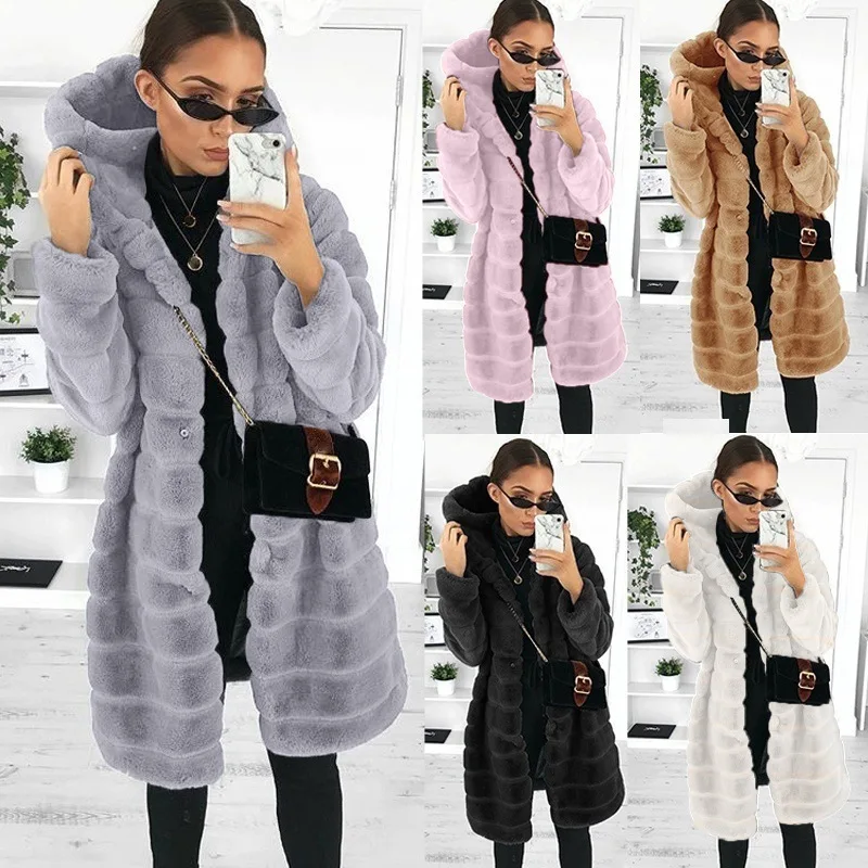 

Loose Thiened Rabbit Fur Coat for Women Winter Warm Hooded Faux Mink Leather Jaet Korean Sle Large Size New Arrival