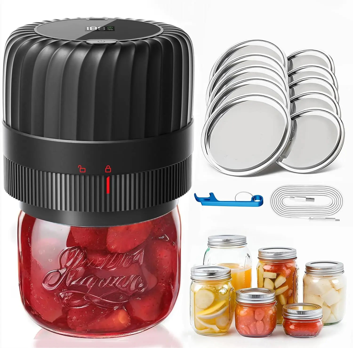 

Electric Mason Jar Vacuum Sealer Kit for Wide & Regular-Mouth Jars, Includes 10 Lids