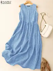 ZANZEA Vintage Checked Midi Dresses Gingham Casual High Waist Holiday Long Robes Sleeveless Daily Women Summer A-line Vestidos