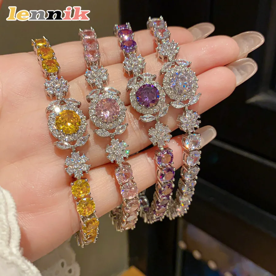 Gelang Elegan Wanita LENNIK, Bunga Zirkon Super Mengkilap, Desain Dopamin Warna-warni Bulat, Perhiasan Fashion Kelas Atas Mewah Ringan