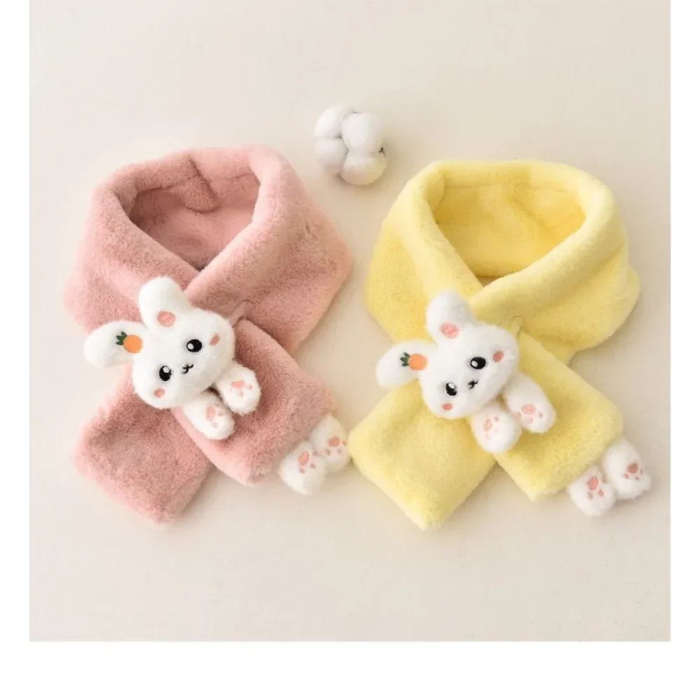 Boys Girls Winter Scarfs Thick Plush Cross Children\'s Scarf Baby Bib Cute Cartoon Rabbit Faux Fur Neck Protection Warm Shawl