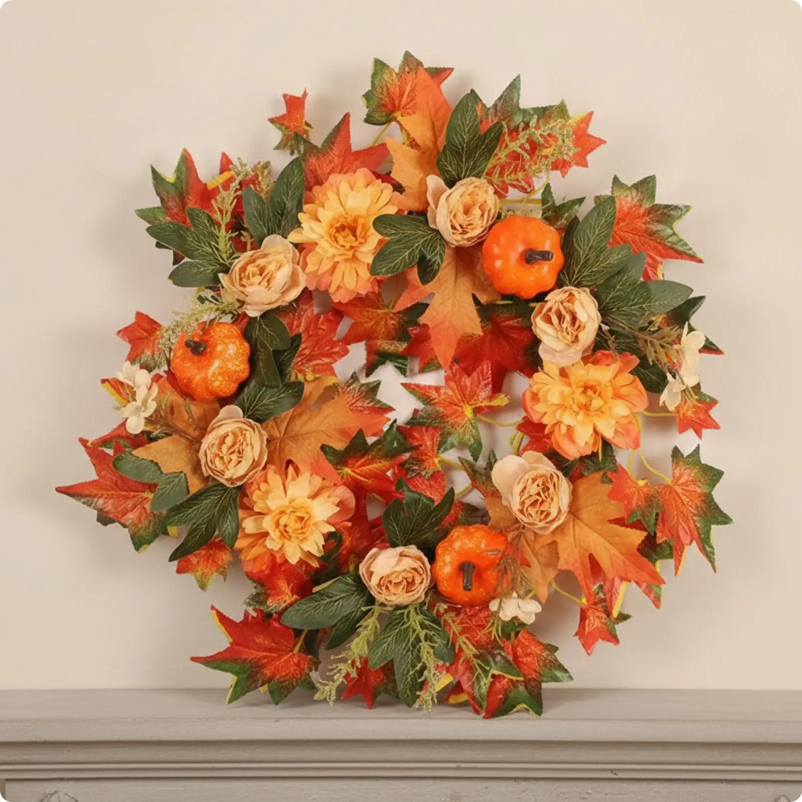 Mixed Color Wreath Artificial Fall Door Hanging with Maple Leaf Foliage and Peony Flowers for Seasonal Home Decor