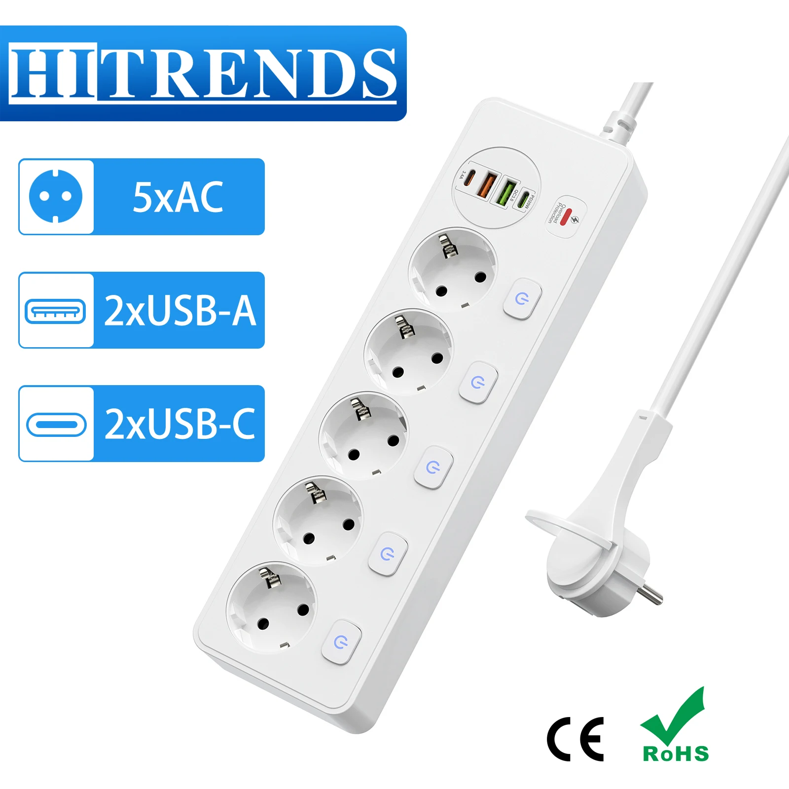 European Flat Plug Multiple Socket Power Adapter with 5 Switch Controls USB C Multi-functional Socket, 5AC Outlets, 2m Cable