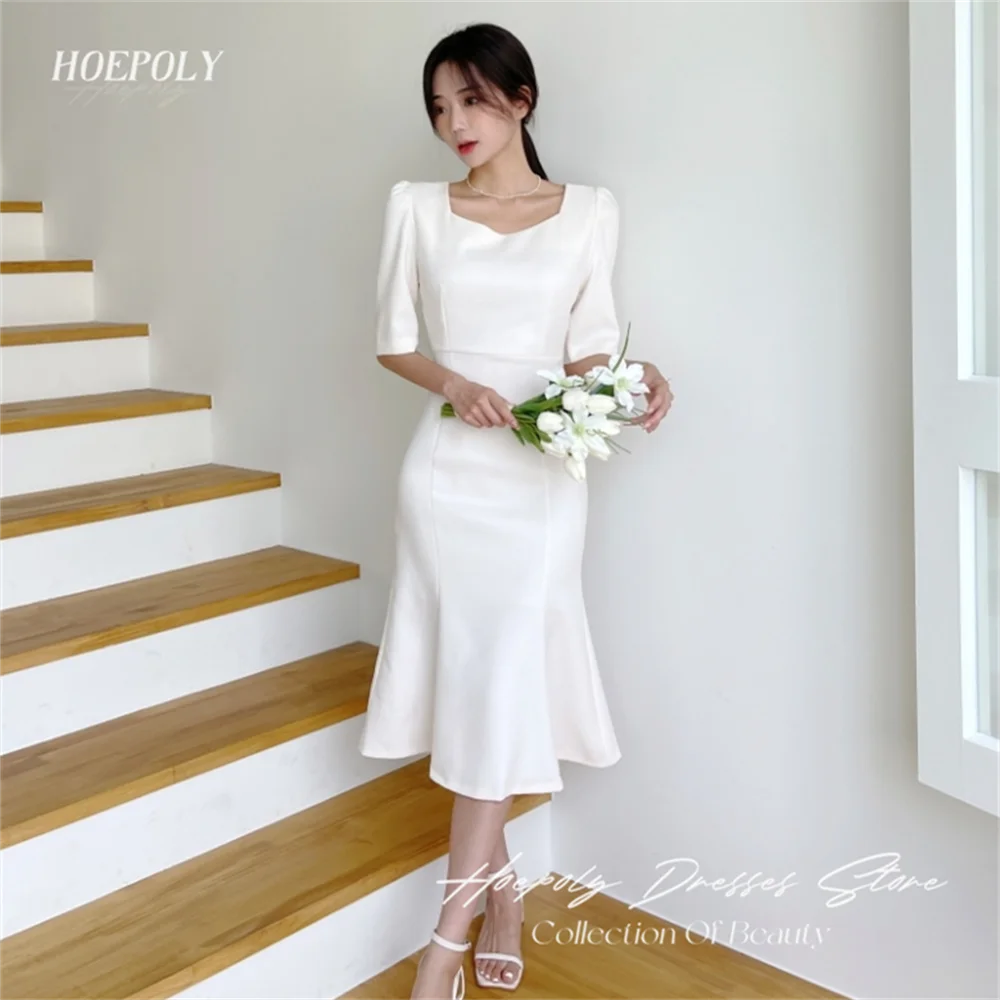 

Hoepoly V Neck Mermaid Korea Wedding Dress For Wowen Half Sleeves Ruffles Tea Length Zipper Up Bridal Dress New 2023