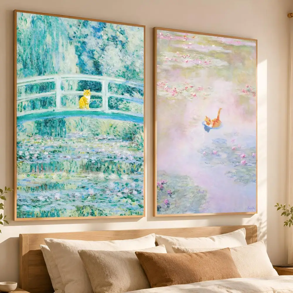 Monet And Van Gogh Cat Funny Kitty Poster Matte Self-Adhesive Wall Art Print Living Room Bedroom Home Wall Decor